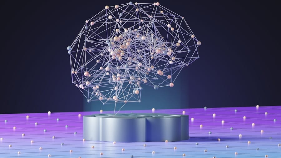 Abstract 3D rendering of a neural network–like brain formed by interconnected nodes and lines, hovering above a metallic podium on a purple-blue gradient stage with scattered spheres.