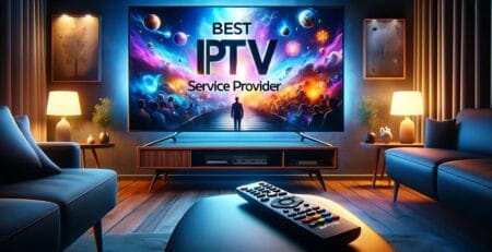 Modern living room with a large TV displaying a colorful “Best IPTV Service Provider” graphic, a remote on the coffee table, and warm ambient lighting from side lamps.