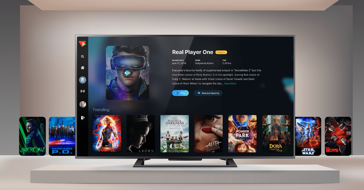 Smart TV showing a streaming interface featuring “Real Player One” with a VR‑goggled character, play and favorite buttons, and a carousel of trending movie thumbnails in a minimalist living room.