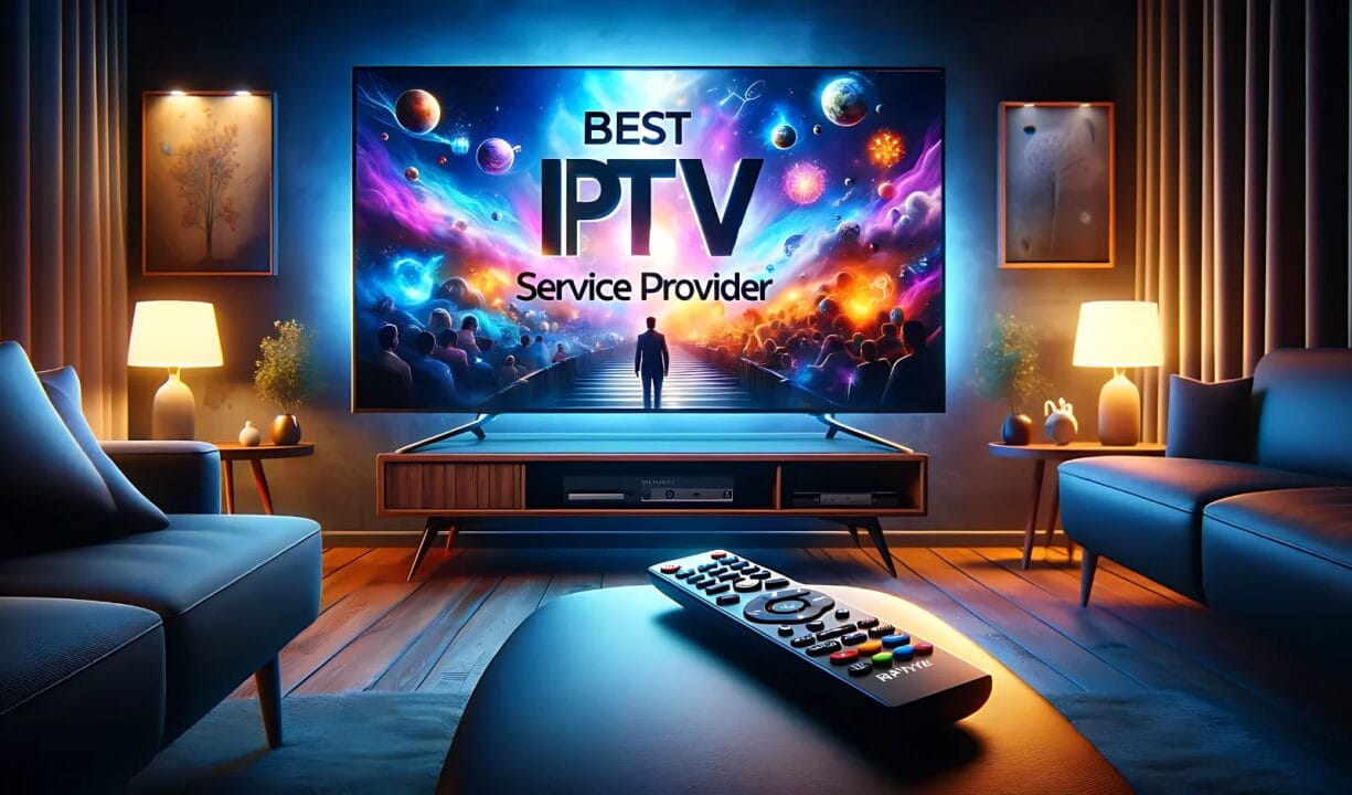 Modern living room with a large TV displaying a colorful “Best IPTV Service Provider” graphic, a remote on the coffee table, and warm ambient lighting from side lamps.