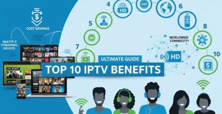 Infographic titled “Top 10 IPTV Benefits” showing icons and people using phones, tablets, and laptops to highlight advantages like HD/4K quality, worldwide connectivity, cost savings, seamless streaming, and support for multiple devices.