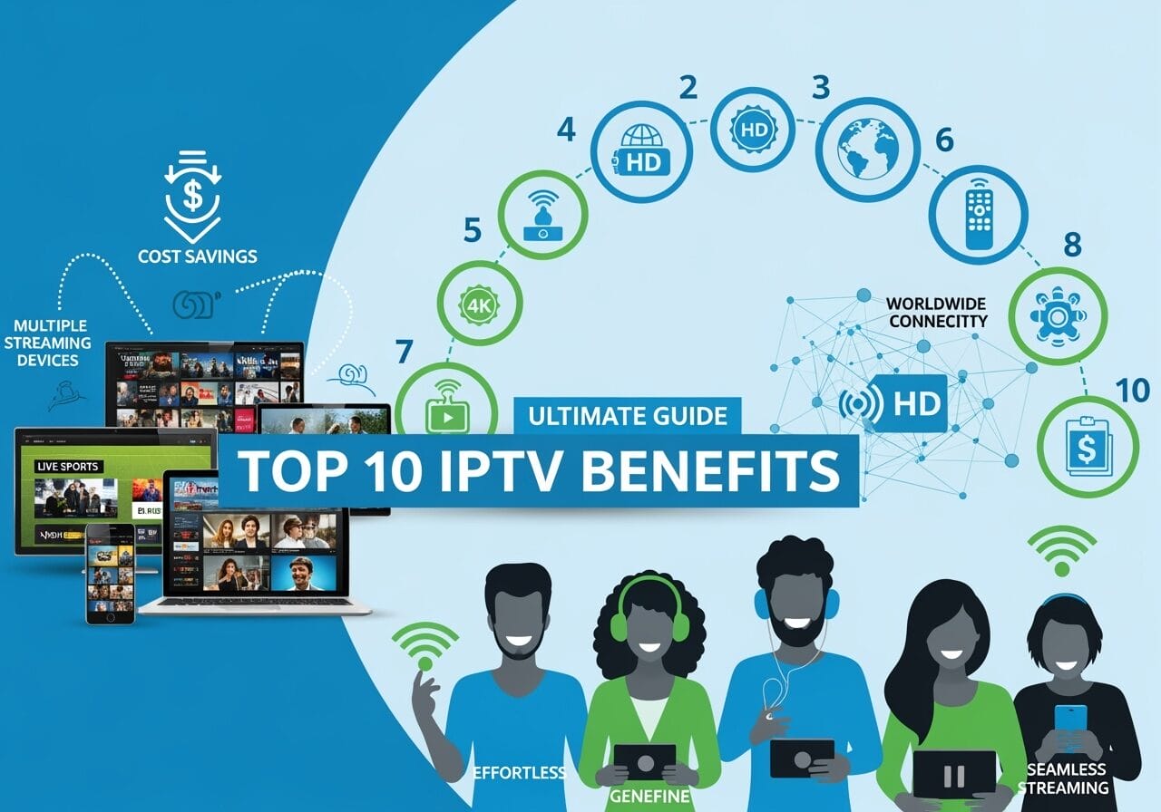 Infographic titled “Top 10 IPTV Benefits” showing icons and people using phones, tablets, and laptops to highlight advantages like HD/4K quality, worldwide connectivity, cost savings, seamless streaming, and support for multiple devices.
