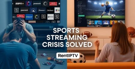 Split-screen ad shows frustrated viewers on the left facing app errors and logos like ESPN+, Peacock, and DAZN, contrasted with a happy fan on the right watching a smooth sports stream, with the headline “Sports Streaming Crisis Solved” and the brand name RentIPTV in the center.