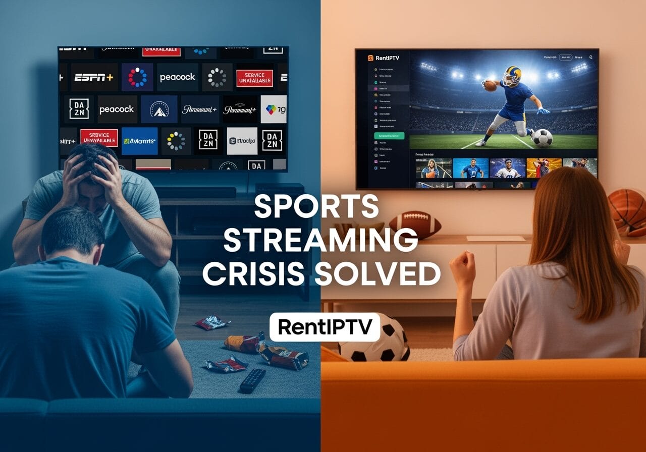 Split-screen ad shows frustrated viewers on the left facing app errors and logos like ESPN+, Peacock, and DAZN, contrasted with a happy fan on the right watching a smooth sports stream, with the headline “Sports Streaming Crisis Solved” and the brand name RentIPTV in the center.