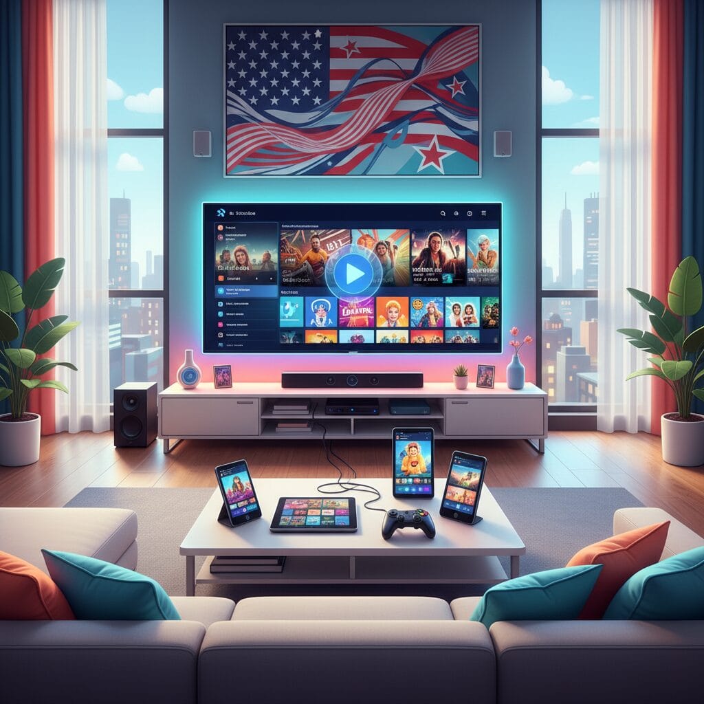 Modern living room with a large wall-mounted TV showing a streaming service interface with LED backlighting, multiple synced devices (tablets, phones, and a game controller) on the coffee table, floor-to-ceiling windows with a city view, and an American flag artwork above the TV.