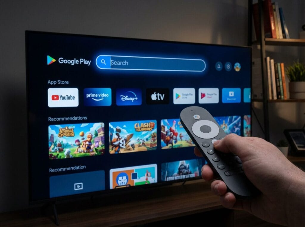 Hand holding a remote toward a smart TV with the Google Play interface showing YouTube, Prime Video, Disney+, and Apple TV.