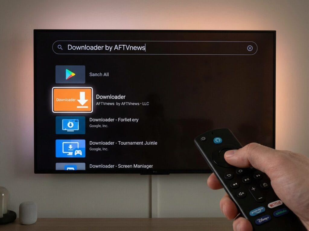 Hand with TV remote points at TV showing search for Downloader by AFTVnews, orange app tile highlighted.
