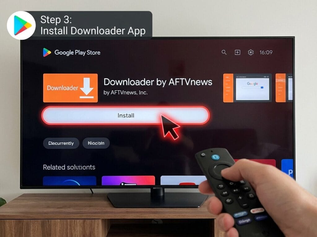 TV with Google Play Store open to Downloader by AFTVnews, Install button highlighted, hand holding a remote.