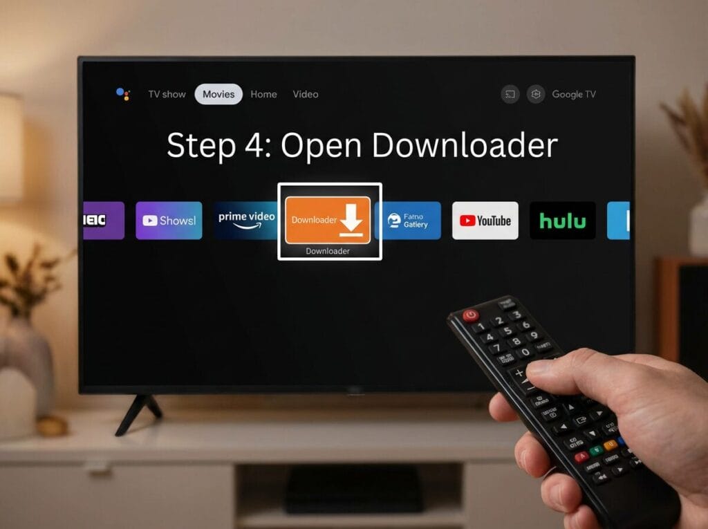 Hand holding a remote points at a TV showing Step 4: Open Downloader, with the Downloader app icon highlighted.