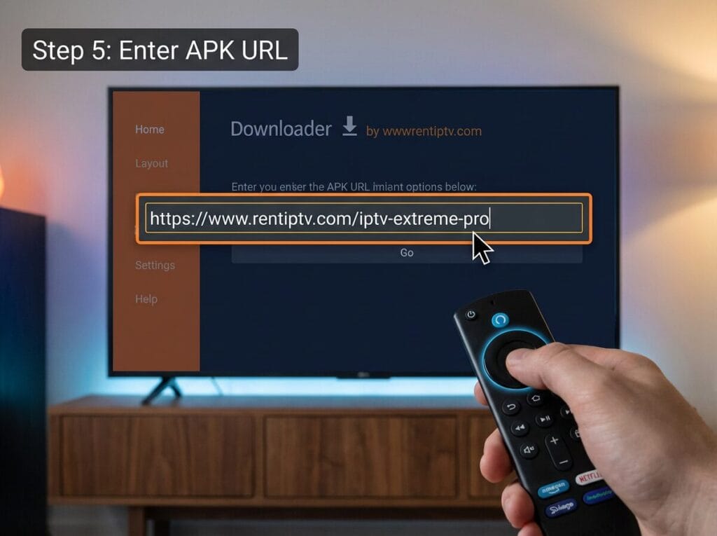 Remote pointing at TV Downloader app; Step 5: Enter APK URL: https://rentiptv.org/iptv-extreme-pro