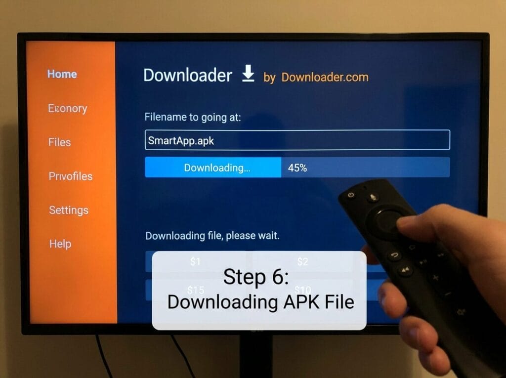 Downloader app on TV downloading SmartApp.apk at 45%, Step 6: Downloading APK File overlay, with a hand holding the remote.