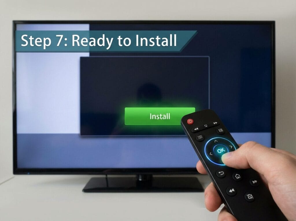 Hand holding a TV remote aimed at a setup screen showing Step 7: Ready to Install and a green Install button highlighted.