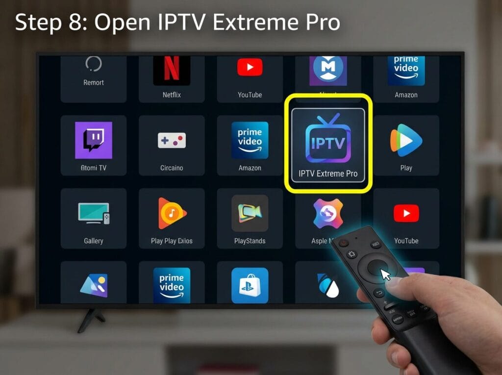TV screen with app grid and the IPTV Extreme Pro icon highlighted, with on-screen text: Step 8: Open IPTV Extreme Pro.