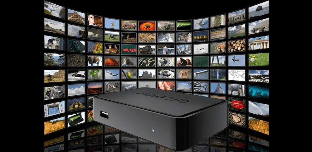 Black MAG250 set-top box with USB port, set before a curved wall of video thumbnails, suggesting streaming video.