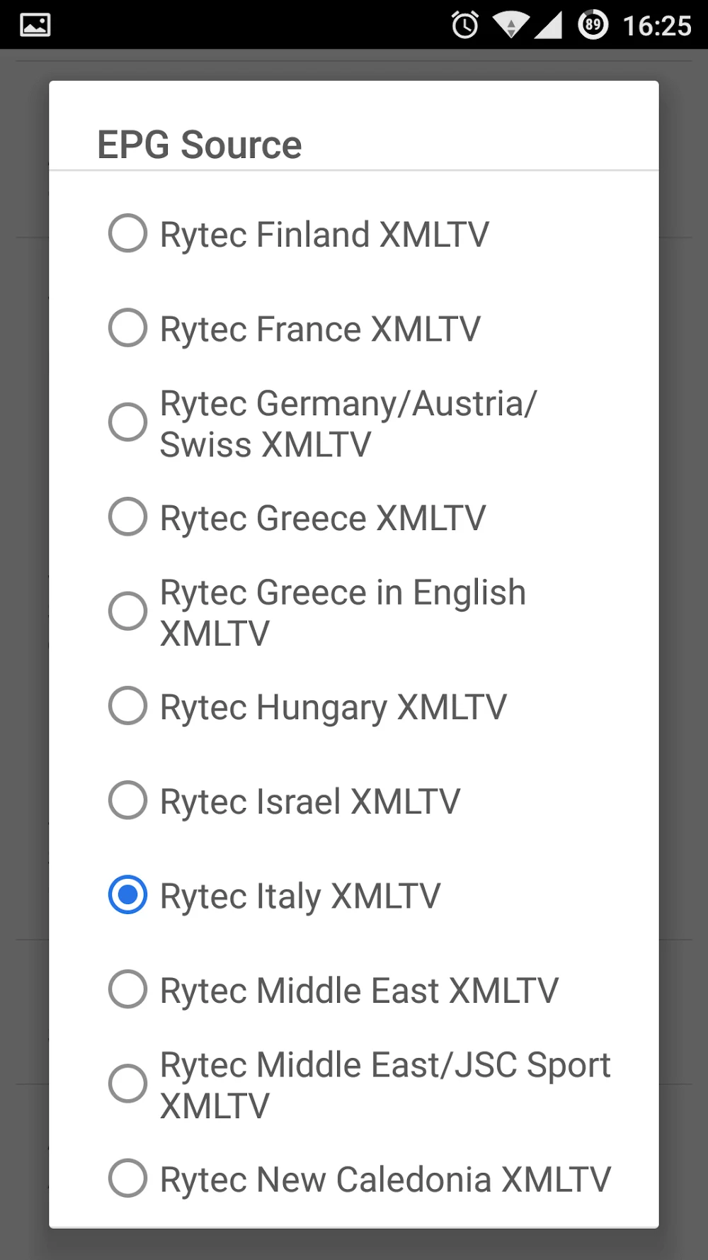 EPG Source screen with radio options for Rytec XMLTV regions; Rytec Italy XMLTV selected.