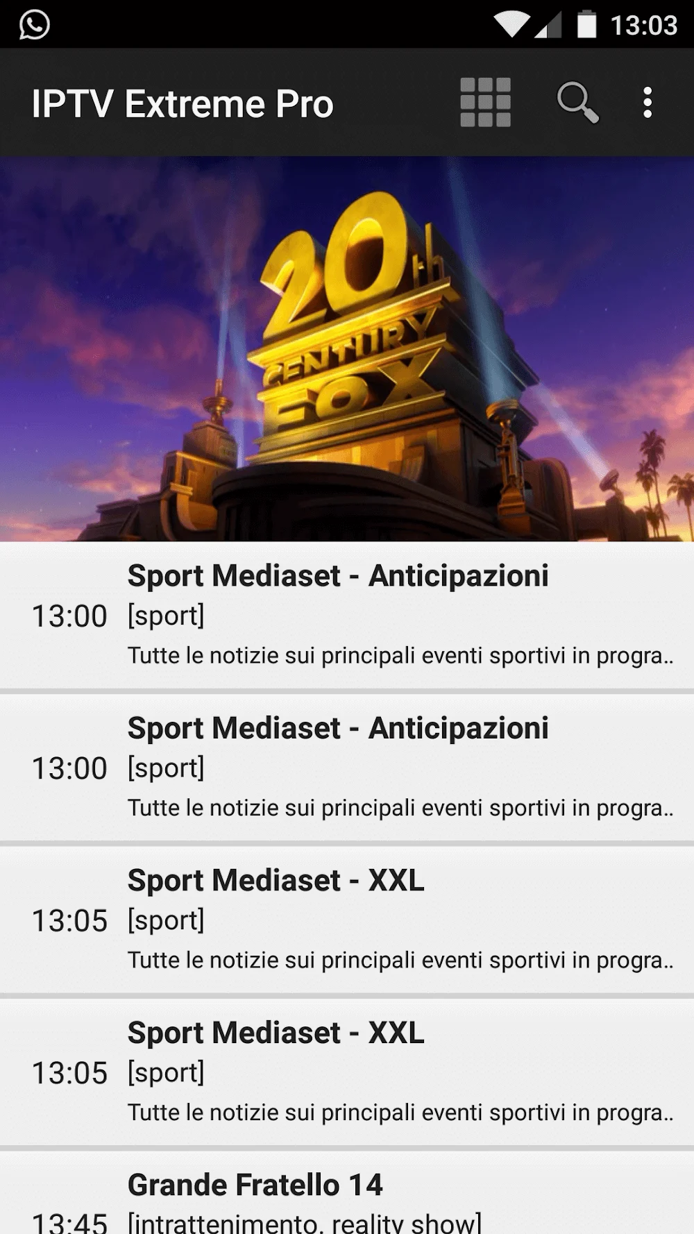 IPTV Extreme Pro showing 13:00 listings: Sport Mediaset (Anticipazioni, XXL) and Grande Fratello 14.