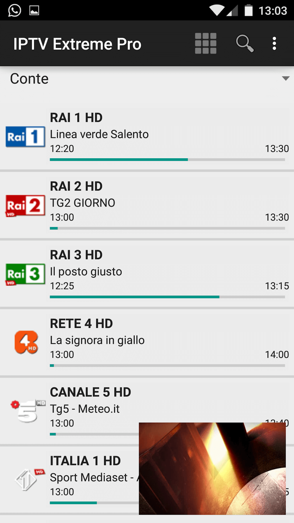 IPTV Extreme Pro showing Italian channels (RAI 1/2/3, Rete 4, Canale 5, Italia 1) with now-playing titles and progress bars.