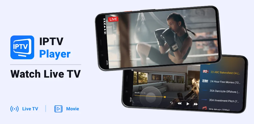 IPTV Player banner with two phones streaming—boxer training live and a TV channel guide; headline Watch Live TV.