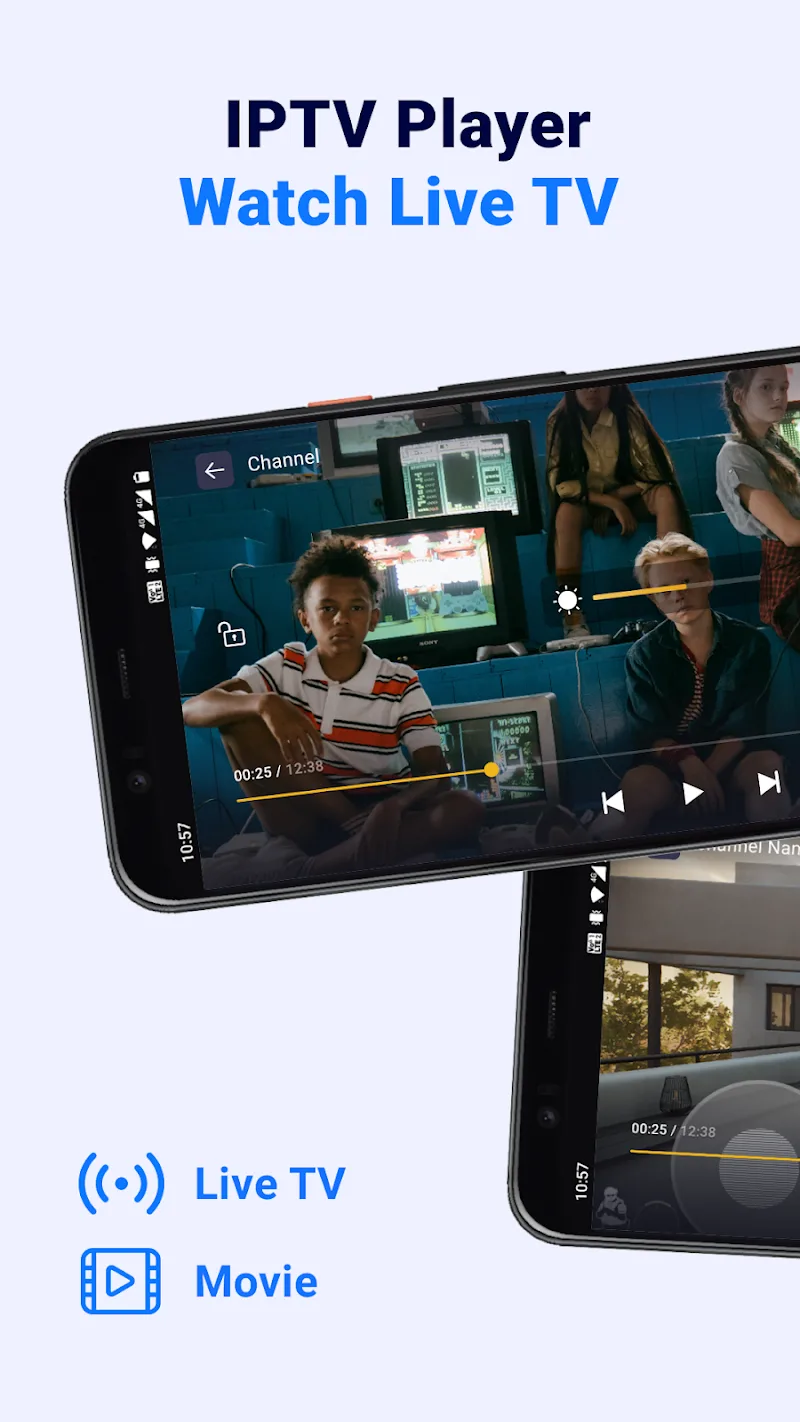 IPTV Player promo showing a smartphone video player with Watch Live TV and icons for Live TV and Movie.