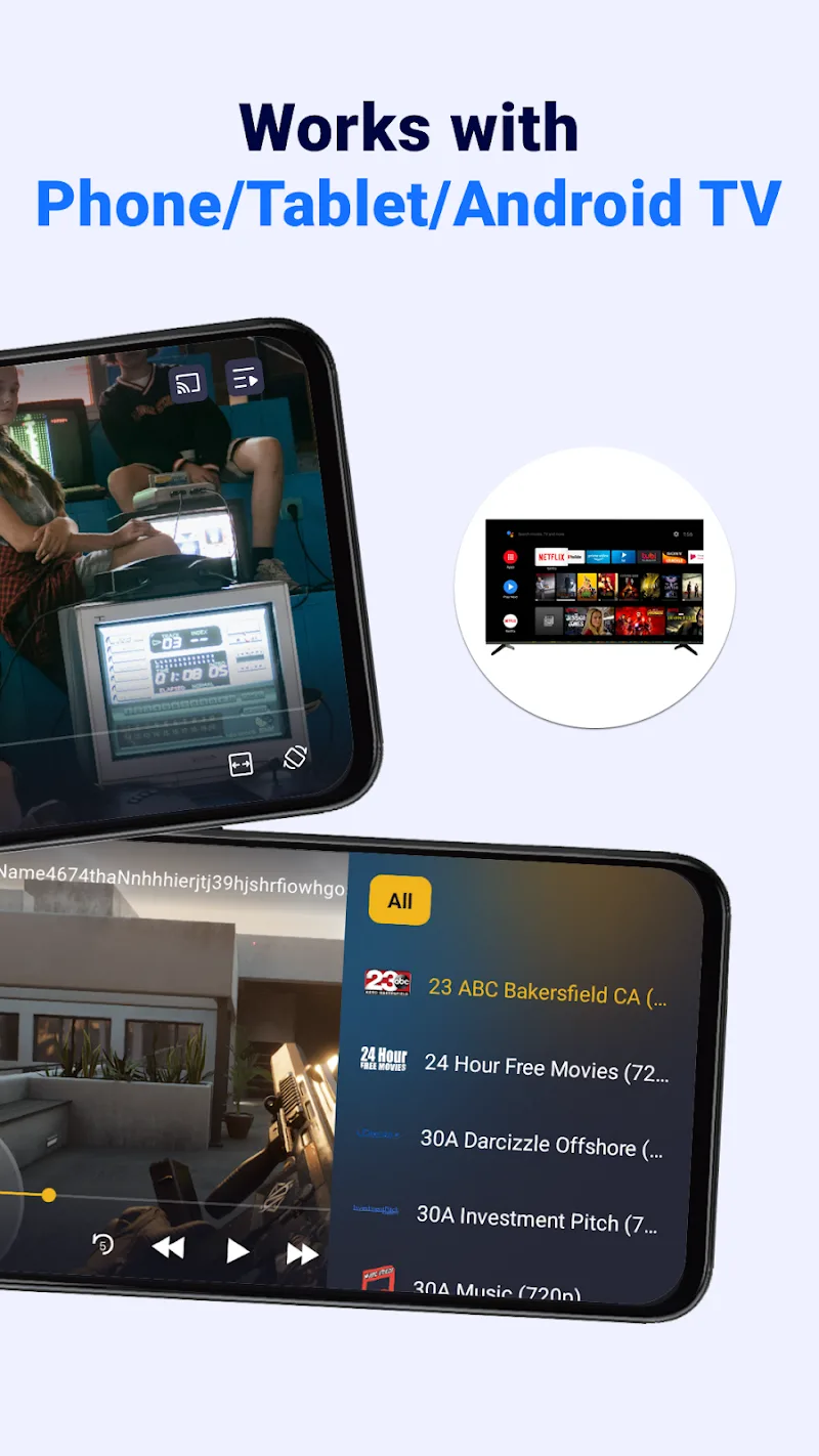 Works with phone, tablet, and Android TV; streaming app UI shows channel list on mobile and TV screens.