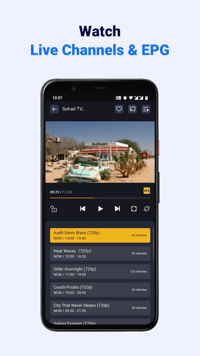 Smartphone showing a live TV app with video playback controls and a channel guide listing upcoming programs with times.
