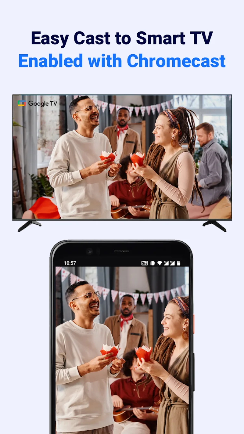 Phone casting to a smart TV with Chromecast; both screens show friends at a party; on-screen text: Easy Cast to Smart TV.
