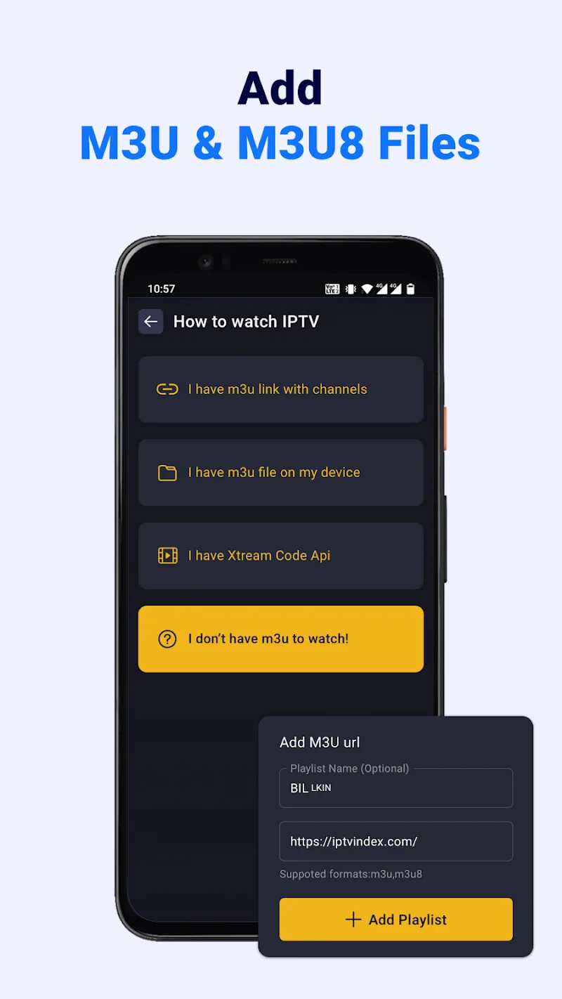 Mobile app screen for IPTV showing Add M3U & M3U8 Files, setup options, and an Add M3U URL form to create a playlist.