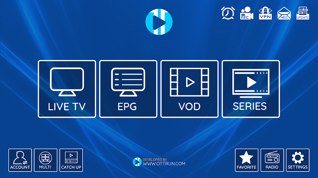 Blue IPTV home screen with tiles for LIVE TV, EPG, VOD, and SERIES, plus shortcuts for Account, Favorites, Radio, Settings.