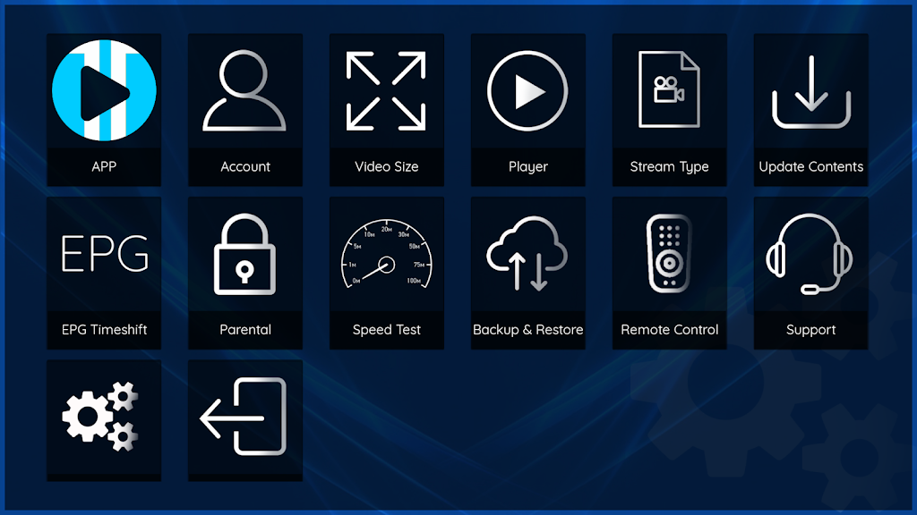 Settings tiles: APP, Account, Video Size, Player, Stream, Update, EPG, Parental, Speed Test, Backup/Restore, Remote, Support.