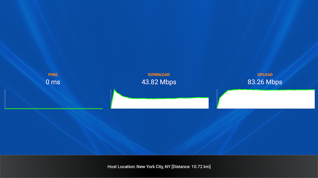 Speed test: ping 0 ms; download 43.82 Mbps; upload 83.26 Mbps; host New York City, 10.72 km.