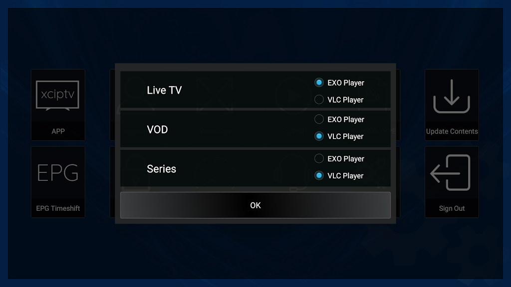 Settings modal to choose EXO or VLC player for Live TV, VOD, and Series, with an OK button.