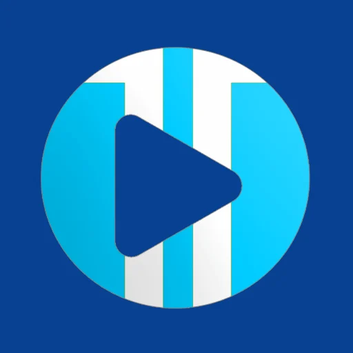 Circular icon with a blue play button over vertical light blue and white stripes on a dark blue background.